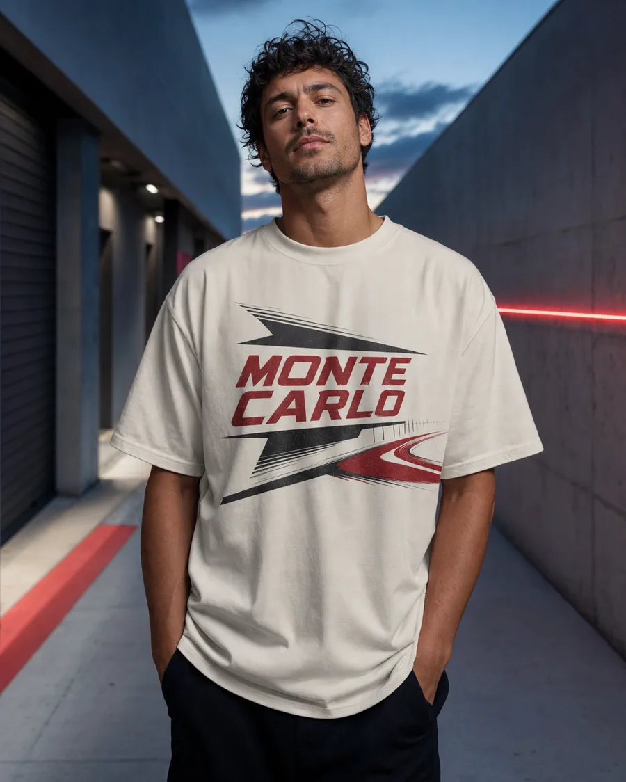 Adult model wearing an off-white Monte Carlo racing-inspired T-shirt